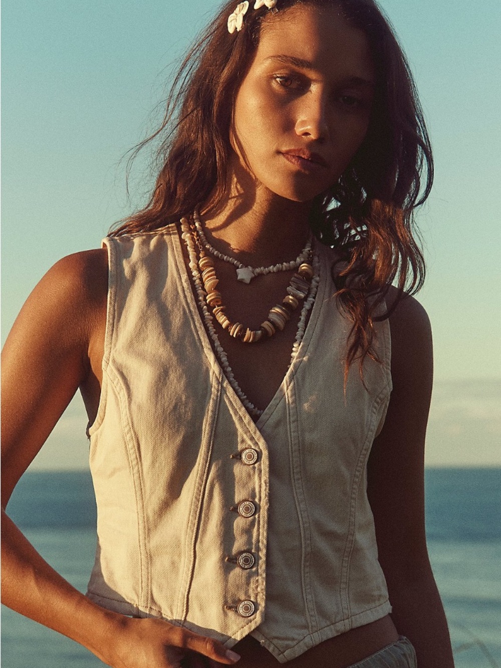 WE THE FREE TATE Denim Vest -Ecru -Size L